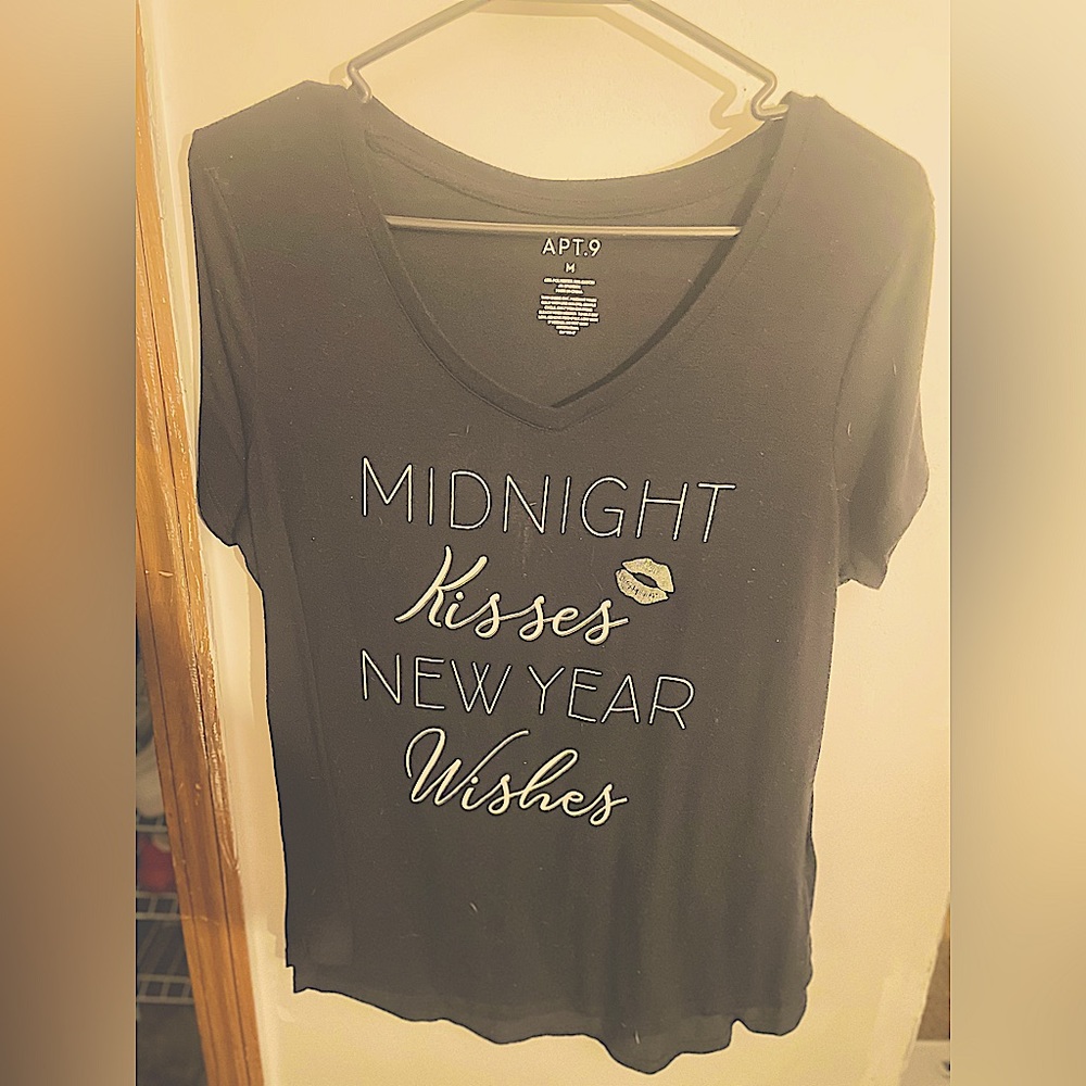 Women’s Medium Black Shirt “Midnight Kisses, New Year Wishes”